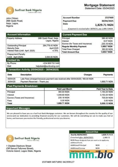 Nigeria SunTrust Bank wyciąg z kredytu hipotecznego szablon Word i PDF